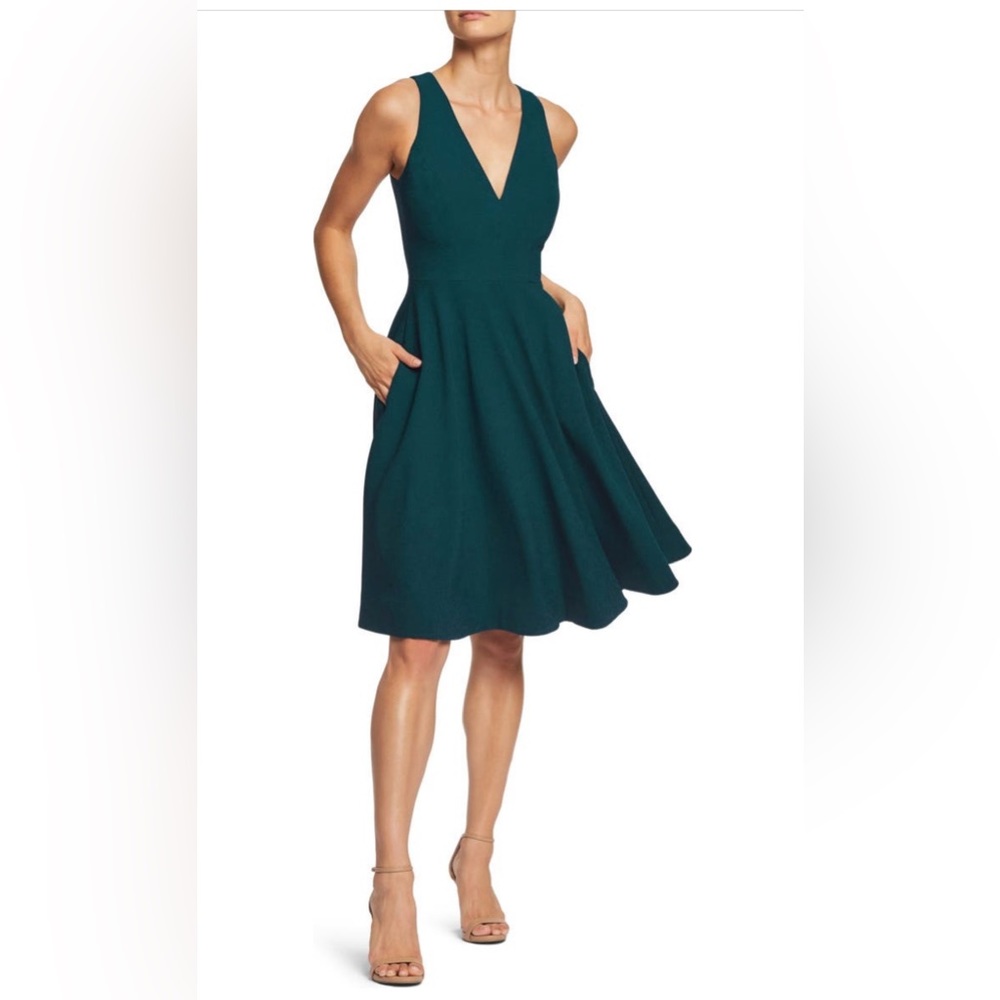 Dress the Population Teal V-Neck Fit & Flare Dress
